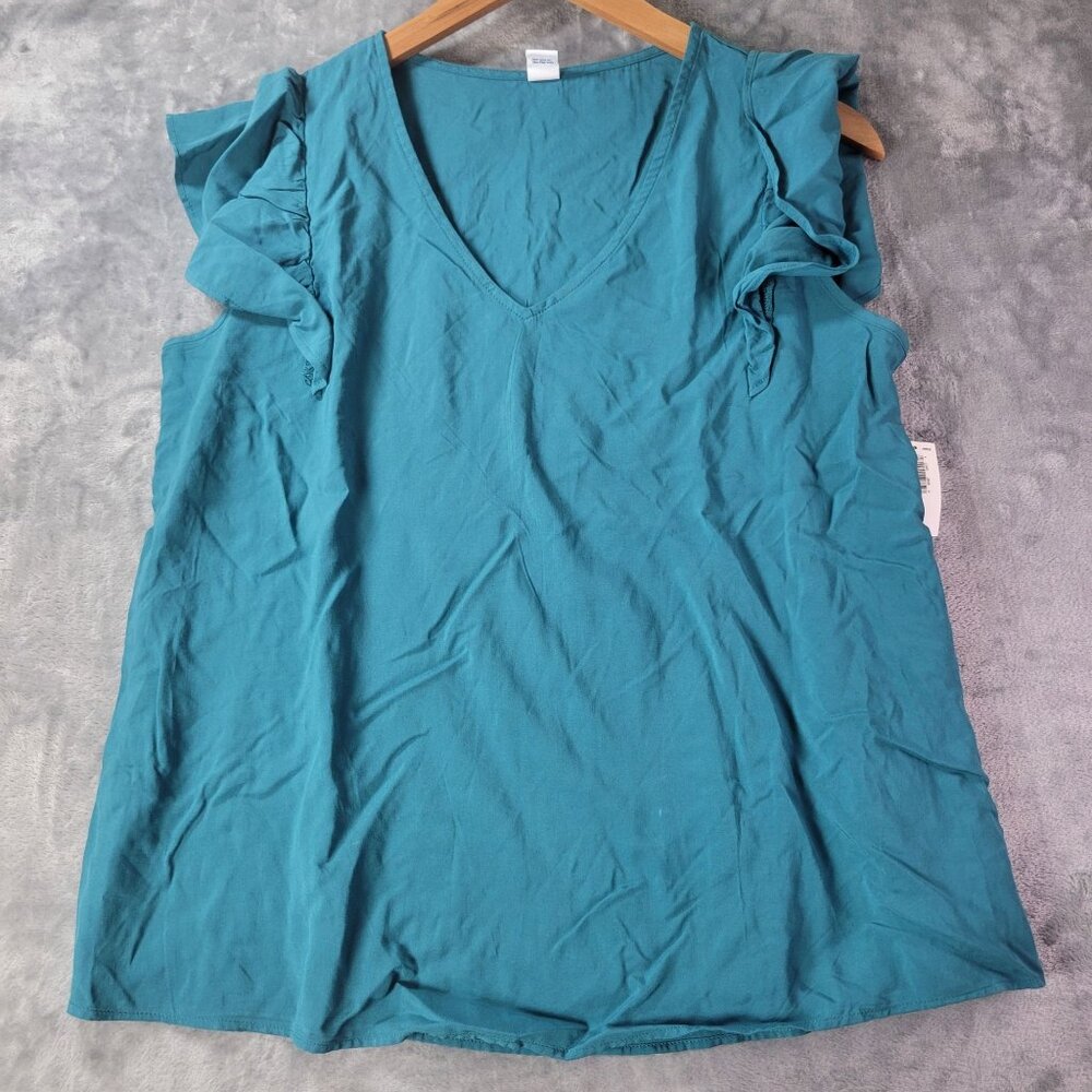 Old Navy Womens Ruffle Sleeve V‎ Neck Top S Teal Casual Everyday Workwear Vibes